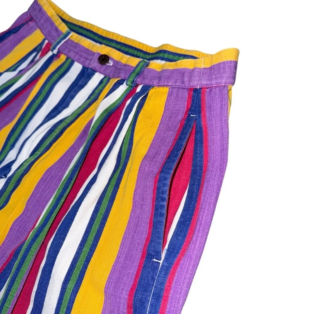 Vintage 80s Ruff Hewn High Rise Bold Rainbow Stripe Pleated Shorts Sz 6 Cotton